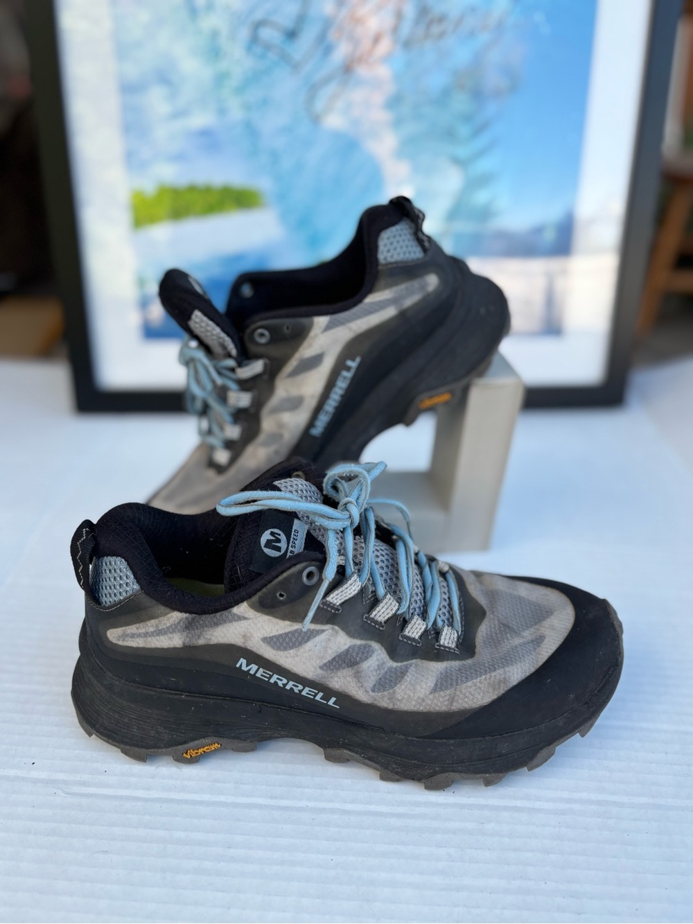 Merrell Gray and Black Trail Shoes with Light Blue Laces